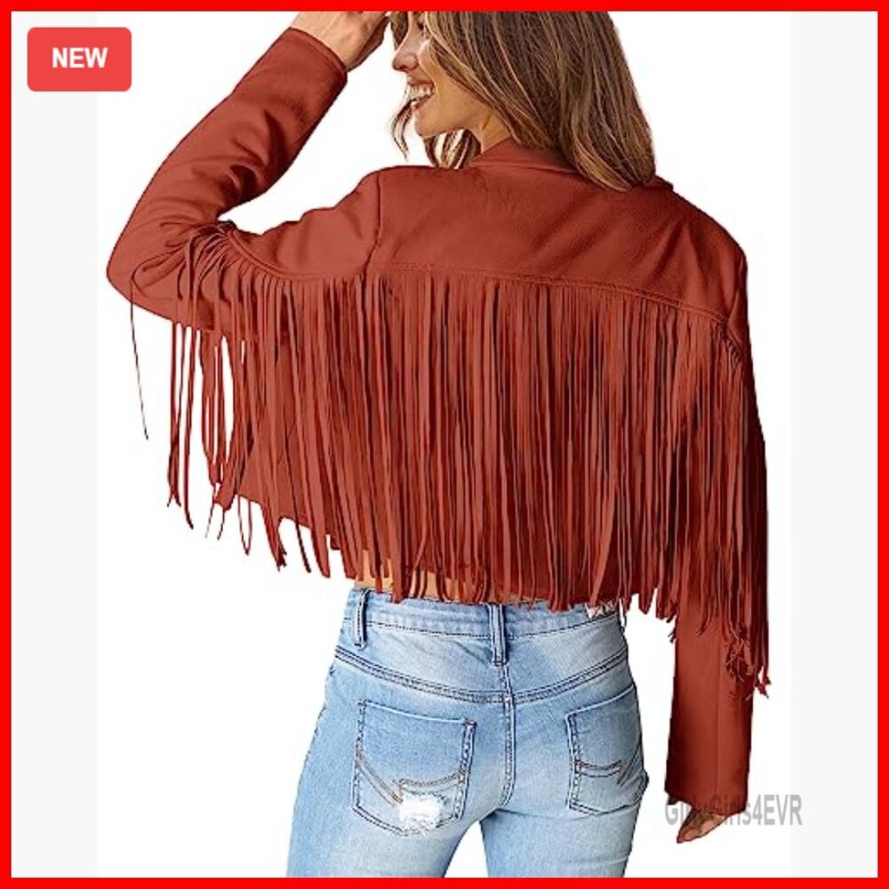 Faux Suede Fringe Cropped Jacket, Motorcycle Style, Women's Outerwear - Picture 4 of 7